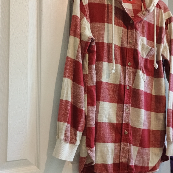 American Eagle‎ Red Plaid Hooded Flannel Shacket  Women’s Medium Cotton - Picture 6 of 10